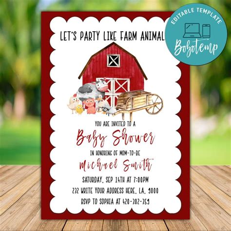 Printable Farm Animal Baby Shower Invitation Instant Download | Bobotemp