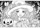 Young Witch And Her Cat  Halloween Adult Coloring Pages sketch template