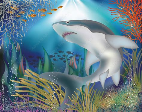 Underwater wallpaper with shark, vector illustration Stock Vector ...