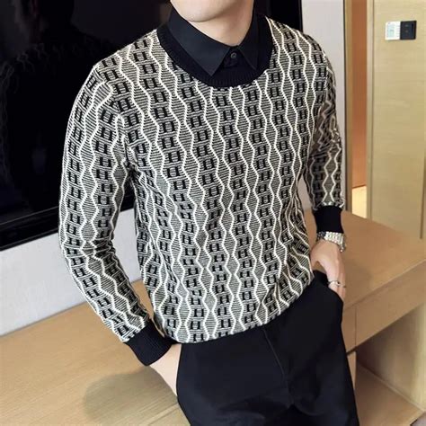 2023-Autumn-Winter-Fake-Two-Piece-Sweaters-High-Quality-Pullovers-Men-s-Jacquard-Warm-Knitwear ...