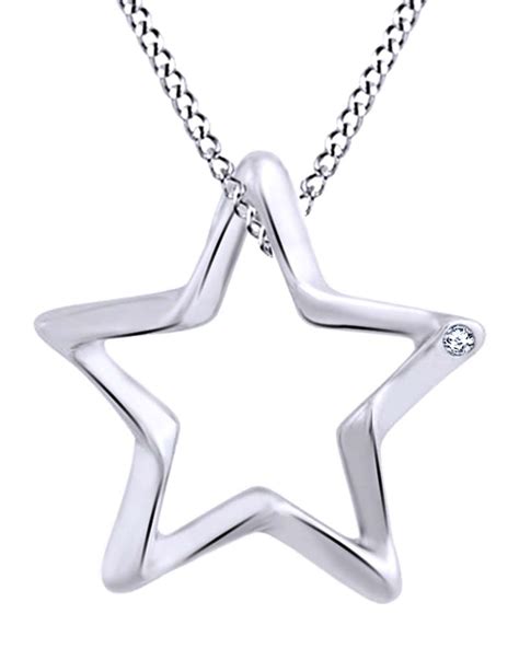 Round Cut White Natural Diamond Star Outline Pendant Necklace In 14K ...