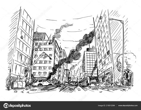 Dibujo a mano de la calle de la ciudad destruida por la guerra o ...