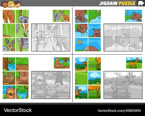 Jigsaw puzzle game set with cartoon wild animals Vector Image