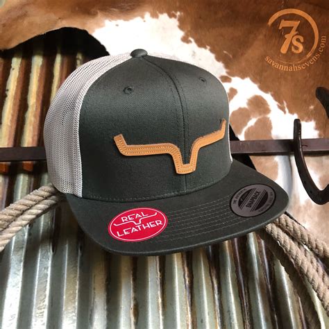 Kimes Horns Cap – Kimes Ranch trucker cap. Dark olive. 3-D Leather Kimes horns logo. Adjustable ...