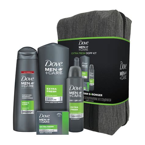 Dove Men+Care 4-Pc Gift Set Extra Fresh with Toiletry Bag (Fortifying 2 in 1 Shampoo, Body Wash ...