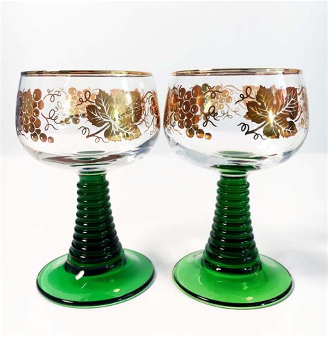 Vintage Green Stem Bockling Large Wine Glasses - Set of 4 - Gold Rim ...