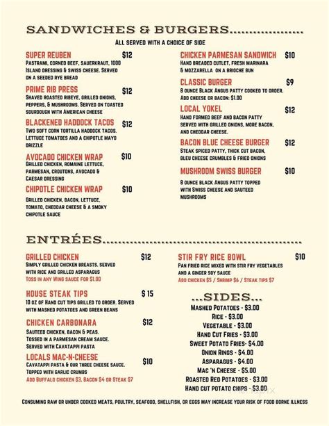 Menu of Locals Restaurant and pub in North Hampton, NH 03862