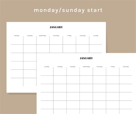 Printable Blank Calendar Minimalist Calendar Template Monday/sunday ...