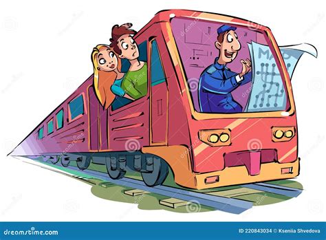 Funny Cartoon Train Driver Sits In The Cab Of The Train And Looks At ...