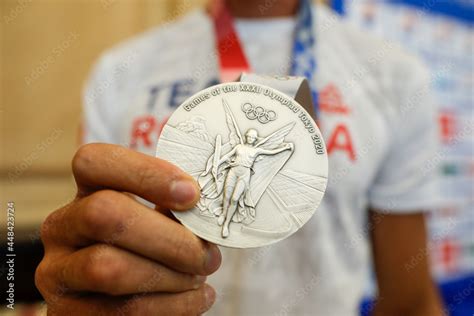 Details with a Tokyo 2020 Olympic Games silver medal won by a Romanian ...