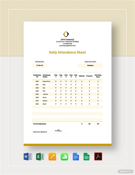 Daily Attendance Sheet Template in Google Docs, Google Sheets, Numbers, Word, Excel, Pages, PDF ...