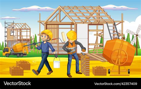 House construction site with workers cartoon Vector Image