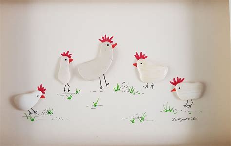 Pebble Art & Sea Glass Picture Framed Unique Handmade white Chickens Hens Chicks - Etsy ...