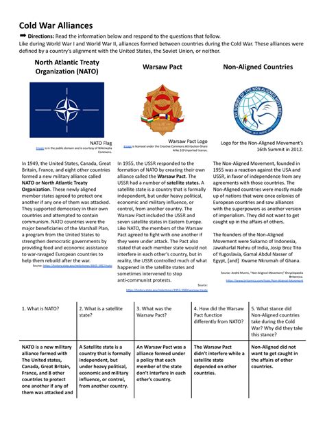 Cold War Alliances - Cold War Alliances Directions: Read the ...