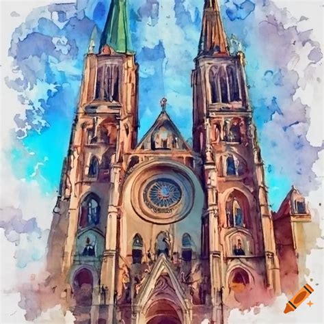 Watercolor painting of a roman catholic cathedral on Craiyon