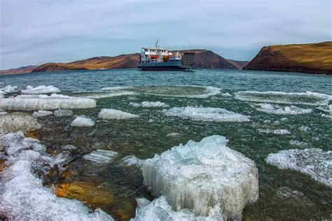 Spring Melting Ice of Lake Baikal, Ferry Crossing Olkhon Gate Stock ...