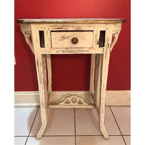 Vintage Cottage Distressed White Wood Gold Accent Side Table Shabby Chic | Shabby chic side ...