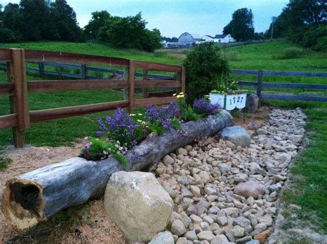 there is a log and some rocks in the yard