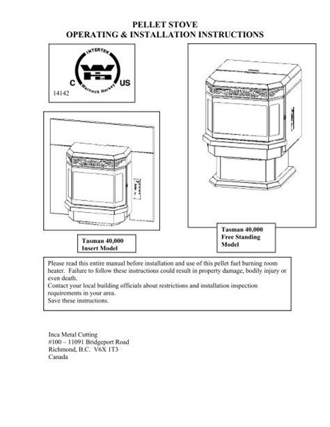 pellet stove operating & installation instructions - Savannah Heating