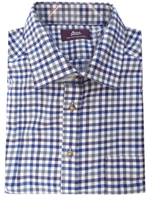 Marks and Spencer - - M&5 BLUE Pure Cotton Twill Checked Long Sleeve Shirt - Collar Size 16.5 to 18