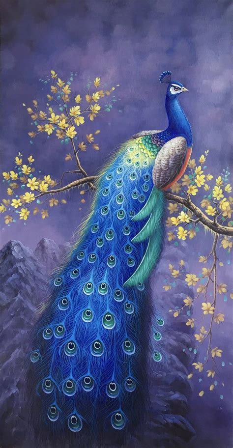 a painting of a peacock perched on a tree branch with yellow flowers in the background