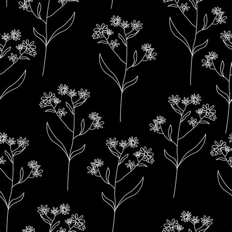 Cute black pattern with line white flowers branches Seamless background Textiles for children ...