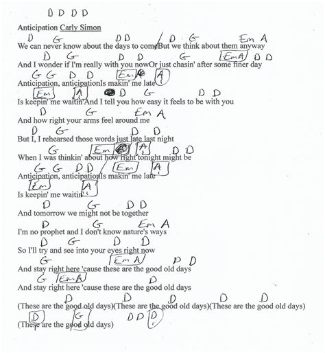 Anticipation (Carly Simon) Guitar Chord Chart | Song lyrics and chords, Great song lyrics ...