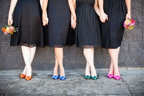 Black bridesmaid dresses with bright mix and match shoes