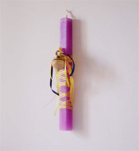 Greek Easter candle with spinning top, purple, square candle with wooden spinning top and ...