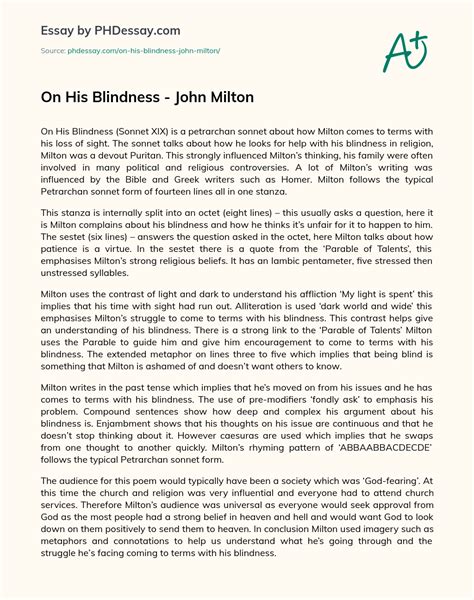 On His Blindness - John Milton Summary And Analysis Essay (500 Words) - PHDessay.com