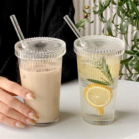 Glass Cups Set 2 Pack - 13 oz Wide Mouth Striped Drinking Glasses with Lids & Straws, Beer ...