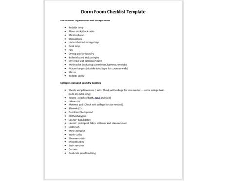 Editable Dorm Room Checklist, First Dorm Room Checklist, College Dorm Room Checklist Template ...