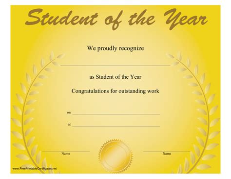 Student of the Year Certificate Template - Yellow Download Printable PDF | Templateroller