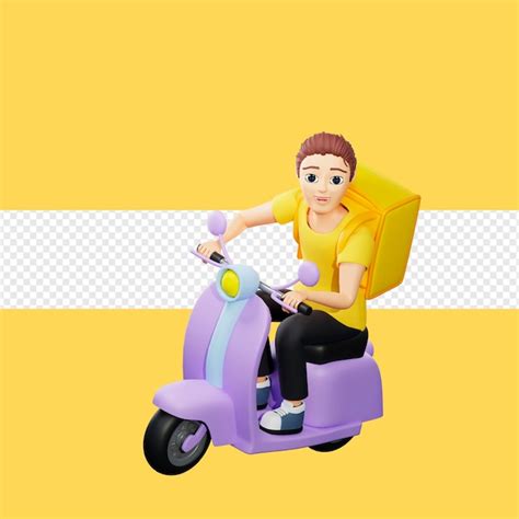 Premium PSD | Raster illustration of man riding a scooter with back pack young guy in a yellow ...