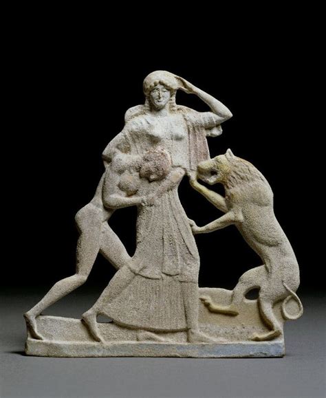 Terracotta relief with Peleus and Thetis. A lion indicates one of Thetis's transformations ...