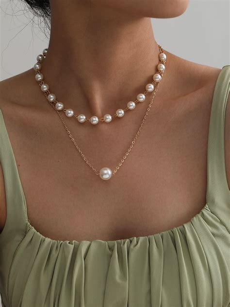 2 piezas collar con perla artificial | Pearl charm necklace, Pearl charms, Girly jewelry