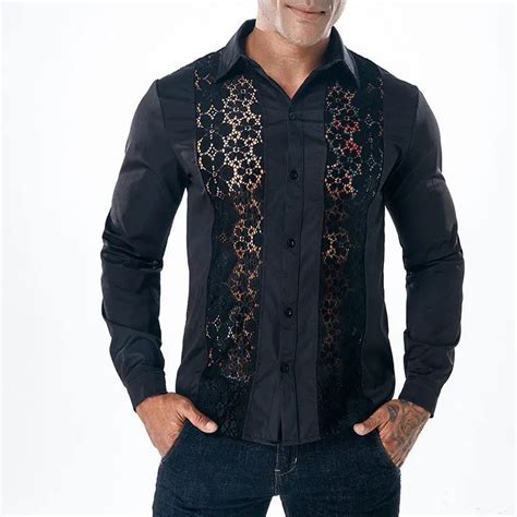 Fashion Mens Luxury Shirts Stylish Slim Fit Long Sleeve Lace Patchwork ...