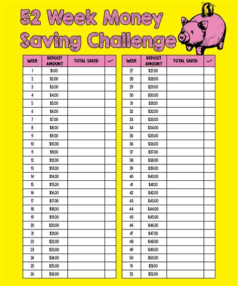 Printable 52 Week Money Challenge - Printable Word Searches