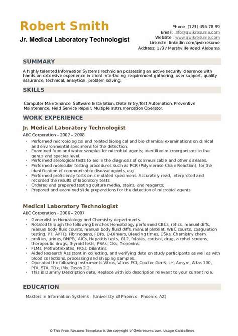 Medical Laboratory Technologist Resume Samples | QwikResume