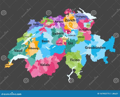 Switzerland Vector Map Colored by Cantons with Districts Boundaries ...