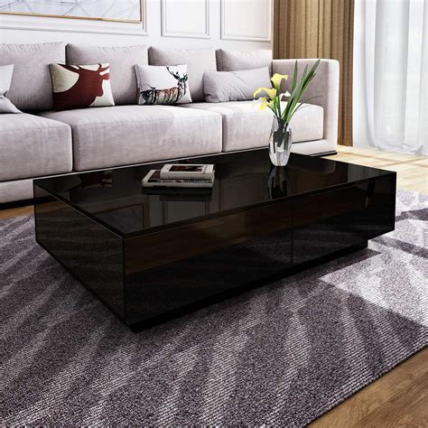 Modern Rectangle Coffee Tea Table High Gloss Coffee Table with 4 Storage Drawers for Living Room ...