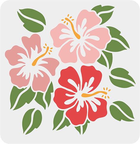 Hibiscus Flowers Stencil Hawaii Flower Stencil Reusable Squre Flowers Leaf Plant Washable DIY ...