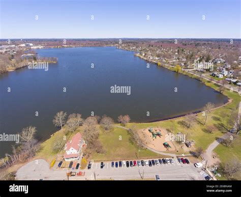 Wakefield Lake Quannapowitt aerial view in historic town center of ...