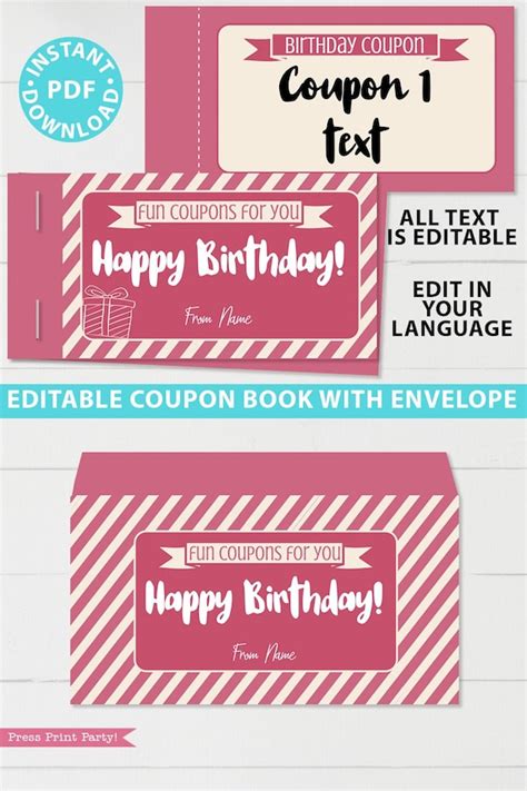 Birthday Coupon Book Template Printable, Birthday Gift Idea, Pink Blank ...