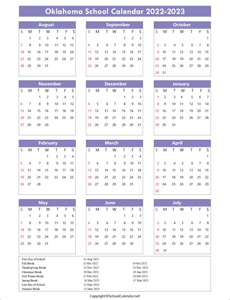 Oklahoma School Calendar 2022-2023 [County School District]