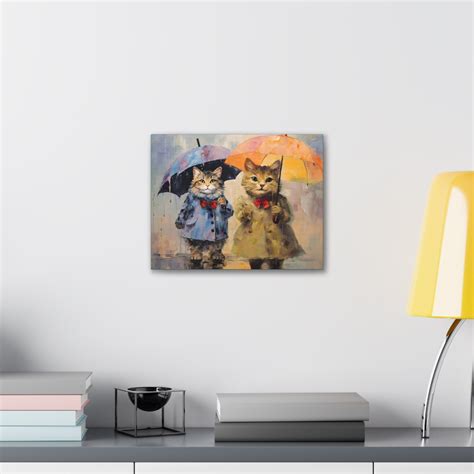 Cat Art Canvas, Cat in Rain Wall Art Print, Vintage Kitty Oil Painting, Cat Little Girl Nursery ...