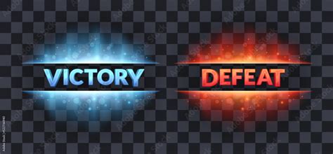 Victory defeat game screens on a transparent background. Game ending UI design text ...