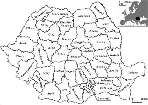 Romanian counties and Romania's position in Europe (box) | Download ...