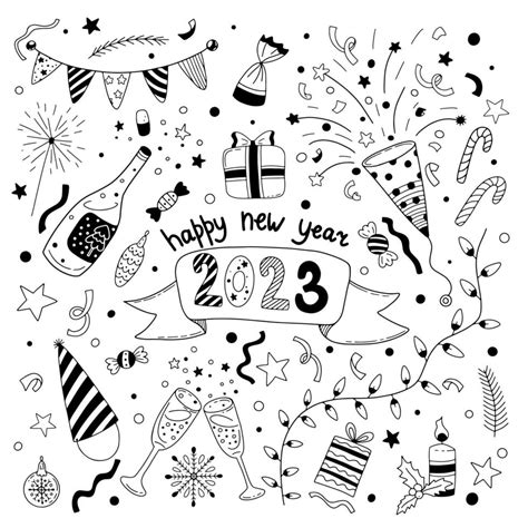 Vector doodle hand drawn black and white Happy New Year collection 13927678 Vector Art at Vecteezy