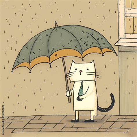 Cartoon Image of a Cat Holding an Umbrella in the Rain. [Digital Art ...